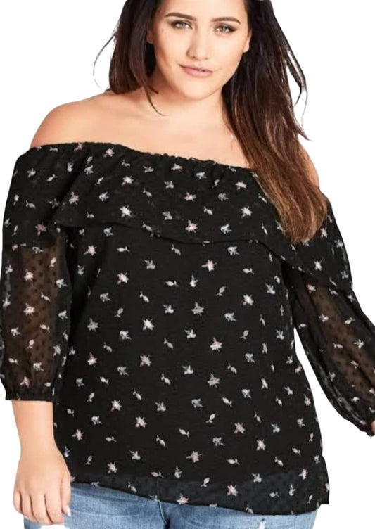 City Chic XL - Black Floral Sheer Sleeve Frill Off Shoulder Top