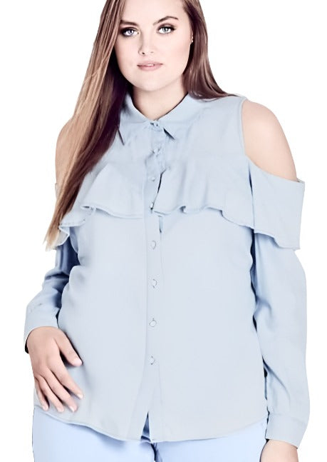 City Chic XS - Blue Acid Wash Button Up Frill Detail Cold Shoulder Long Sleeve Blouse - Brand New With Tags