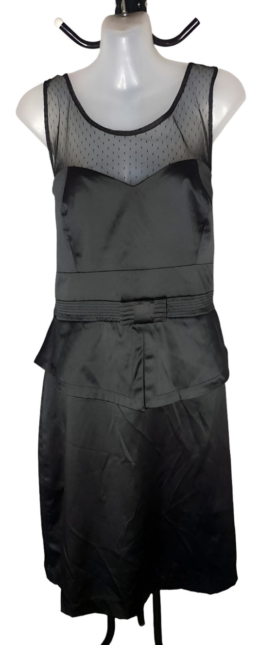 City Chic XS - Black Satin Mesh Insert Peplum Dress With Bow Belt Detail