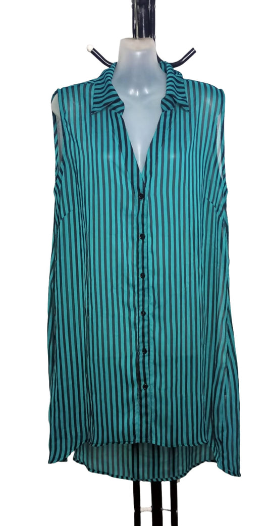City Chic XS -  Sheer Chiffon Green Striped Button Up Sleeveless Blouse
