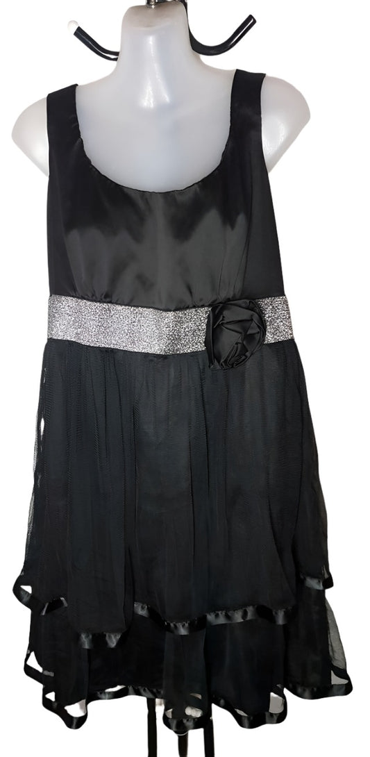 City Chic XS -  Black Satin Tulle Tiered Dress With Silver Sparkly Belt Detail And Black Rose
