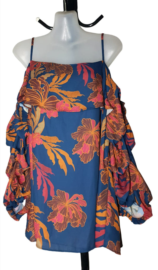 City Chic XS - Navy Floral Frill Sleeve Cold Shoulder Top