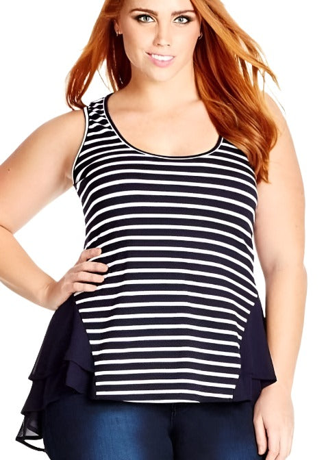 City Chic XS - Navy Stripe Hi Lo Chiffon Detail Tank Tunic Top