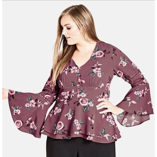 City Chic Medium - Floral Bell Sleeve Peplum Top