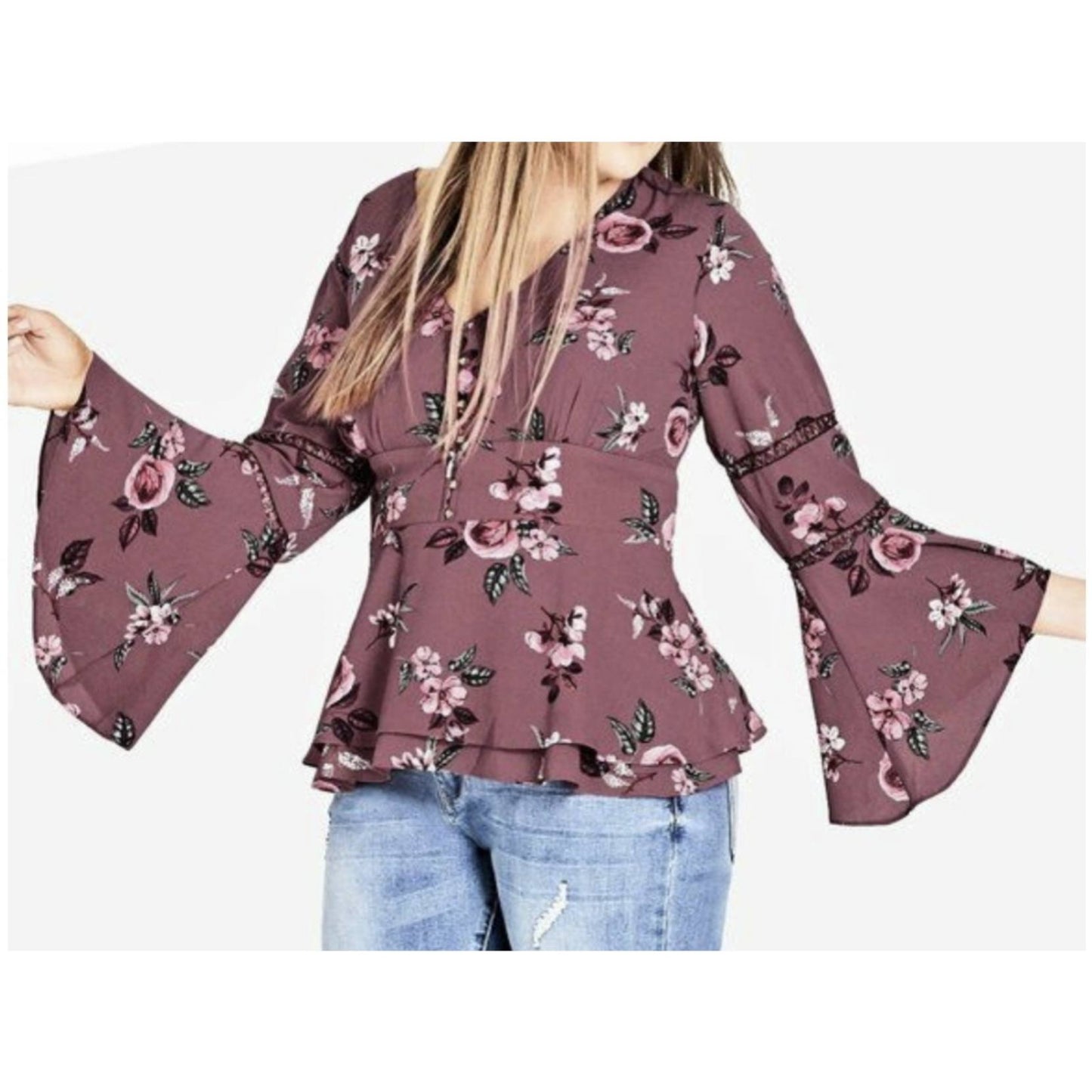 City Chic Medium - Floral Bell Sleeve Peplum Top