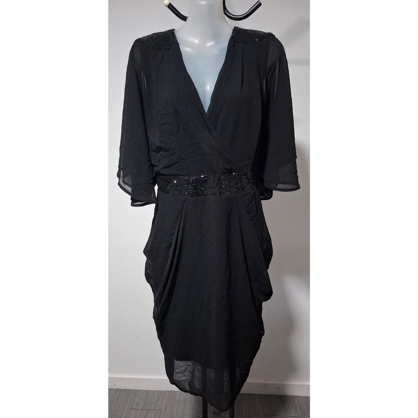 City Chic Small - Black Lightweight Chiffon Faux Wrap Dress With Sleeves