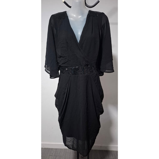 City Chic Small - Black Lightweight Chiffon Faux Wrap Dress With Sleeves