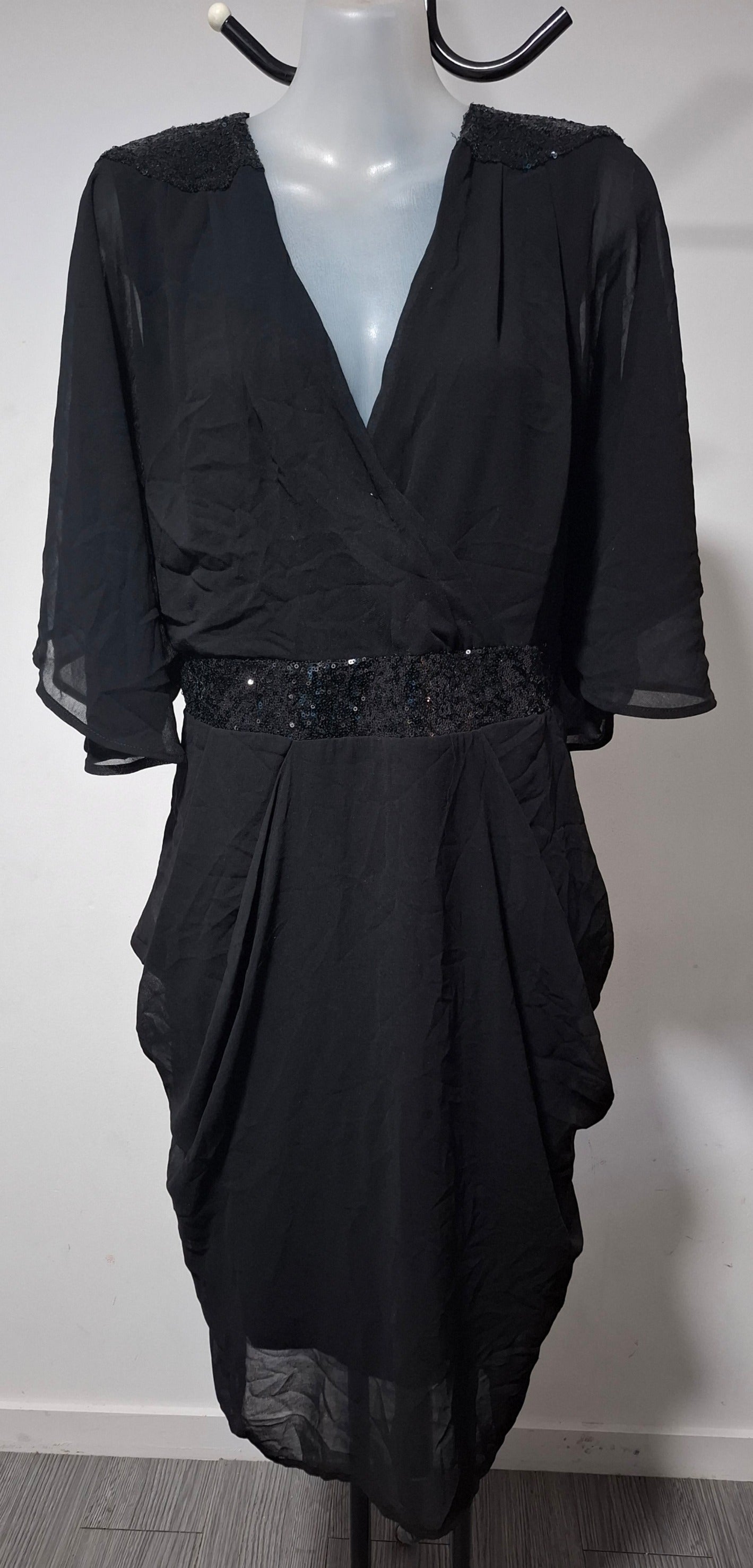 City Chic Small - Black Lightweight Chiffon Faux Wrap Dress With Sleeves