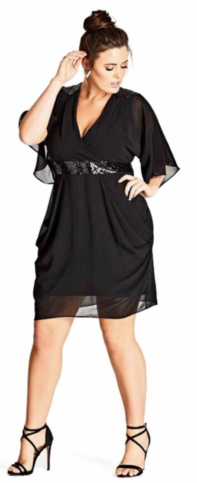 City Chic Small - Black Lightweight Chiffon Faux Wrap Dress With Sleeves