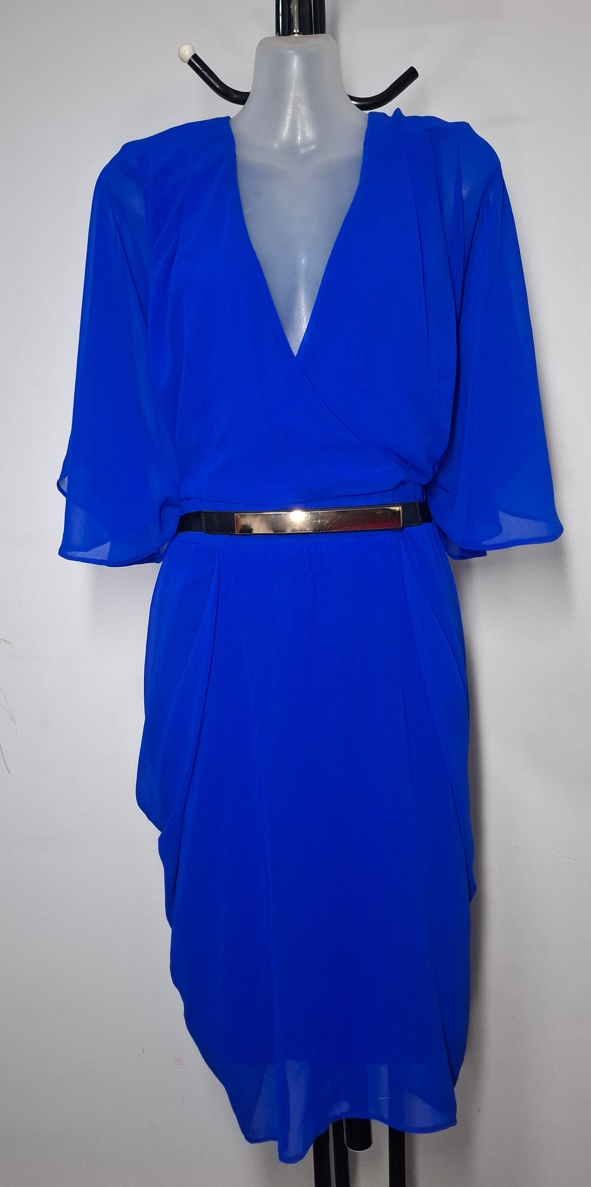 City Chic Medium - Blue Chiffon Faux Wrap Dress With Sleeves And Belt
