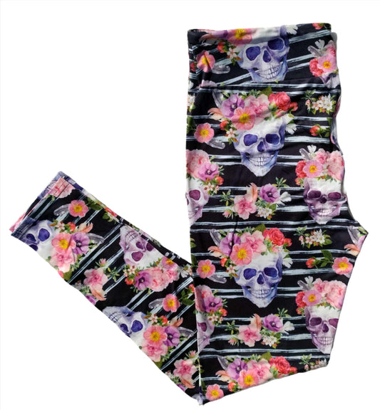Deluxe - Striped Floral Skull - Full Length Leggings