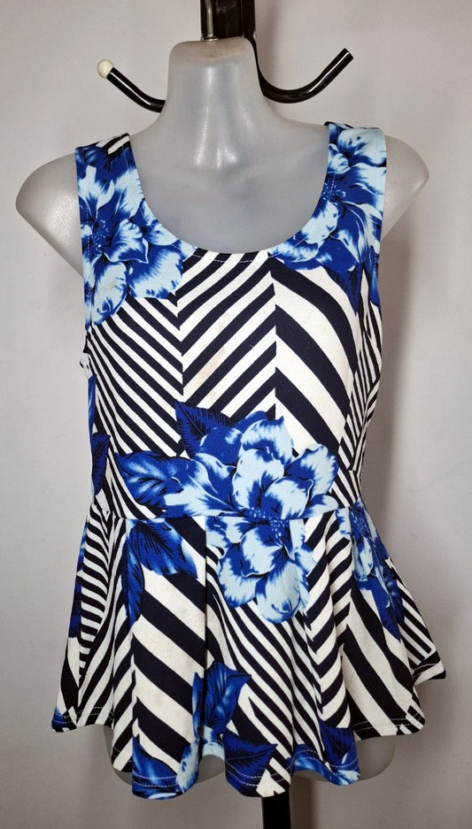 Size 14 - Blue Floral Black & White Striped Peplum Top