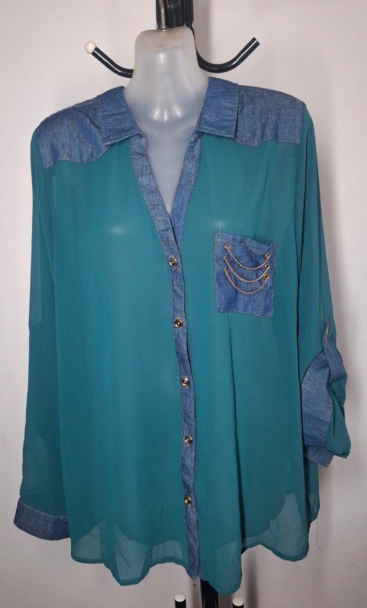 Size 14 - Green Sheer Button Up Top With Sleeves - Brand New With Tags