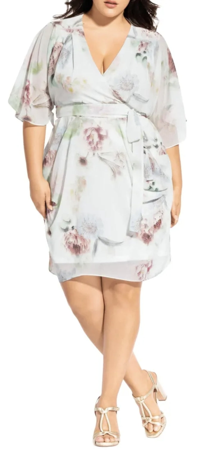 City Chic Large - White Floral Chiffon Faux Wrap Dress With Tie