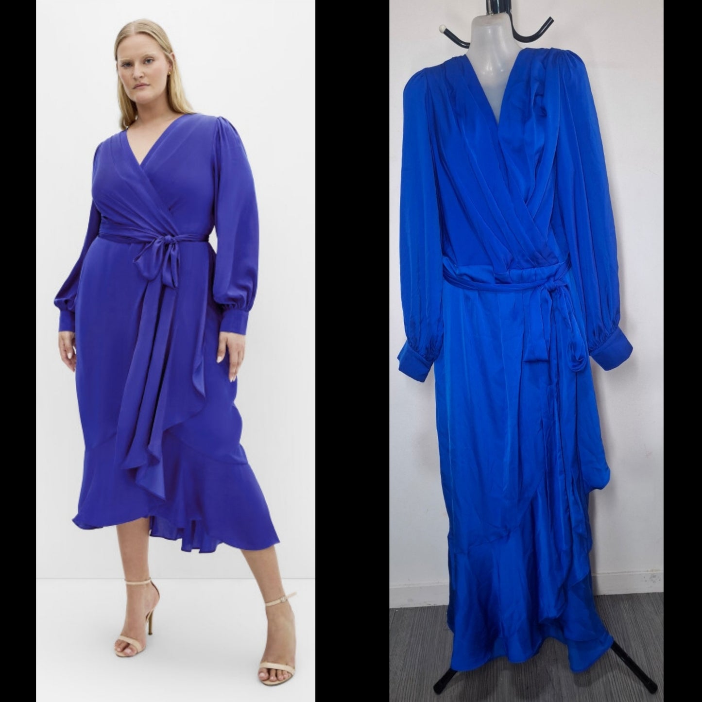 City Chic XS - Blue Faux Wrap Dress With Sleeves & Tie