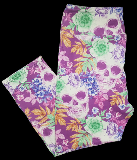 Deluxe - Floral Skull - 3/4 Length Leggings
