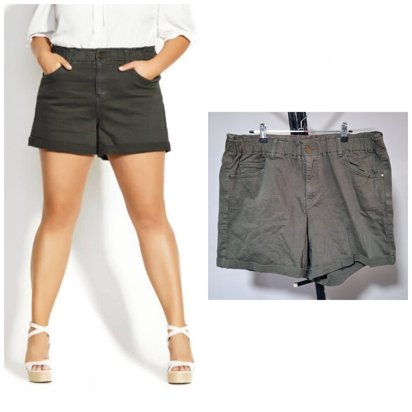 City Chic Small - Khaki Shorts With Pockets & Elastic Waist