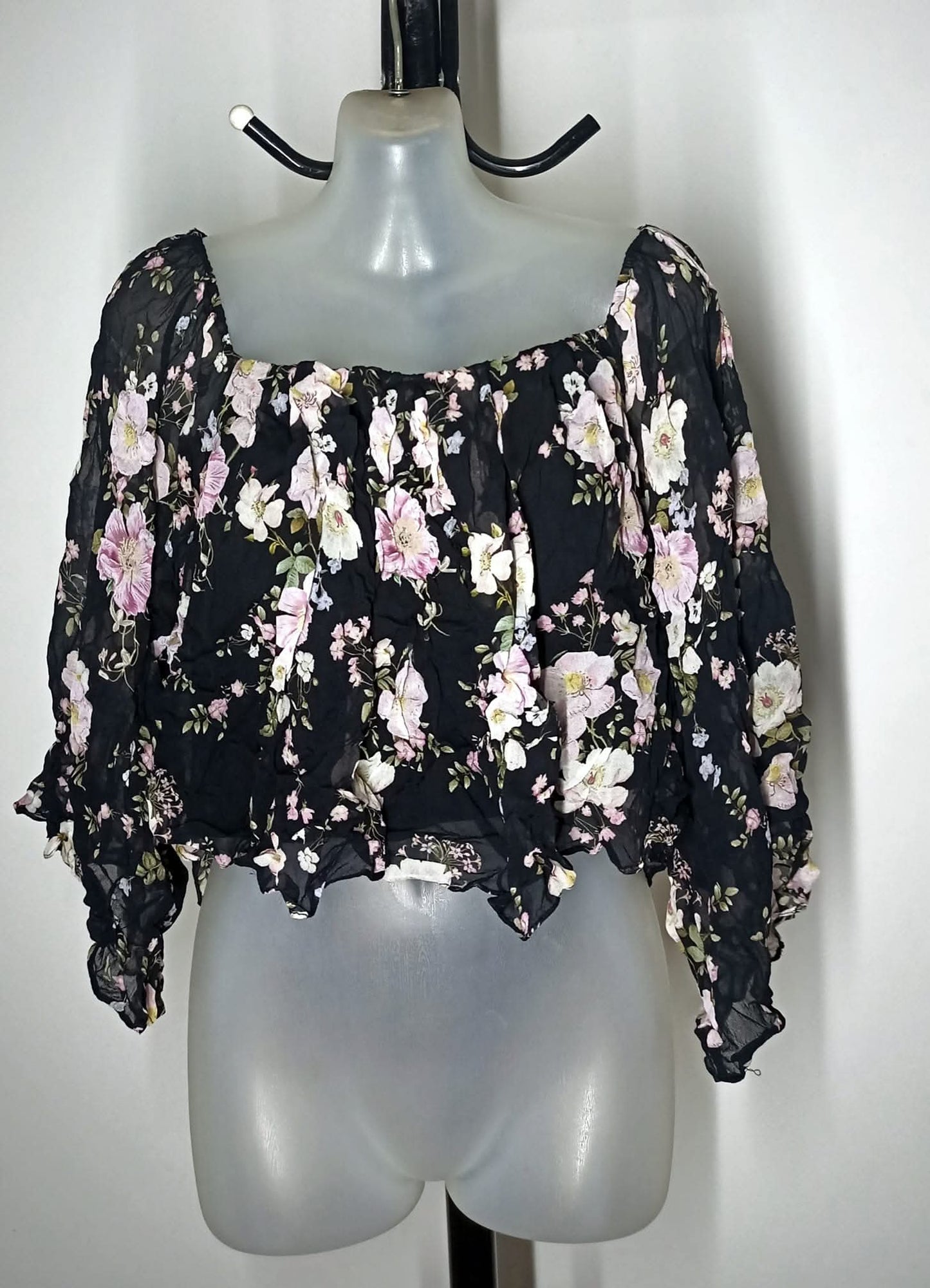 Size 14 - Black Floral Off Shoulder Cropped Top With Sleeves