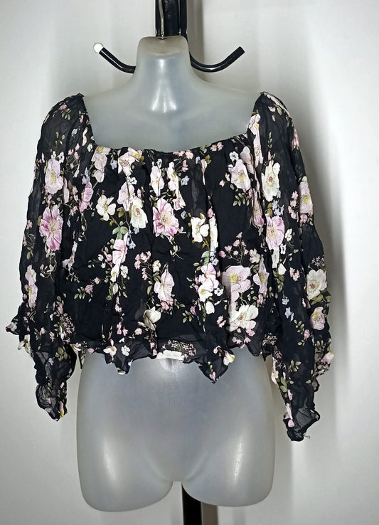 Size 14 - Black Floral Off Shoulder Cropped Top With Sleeves