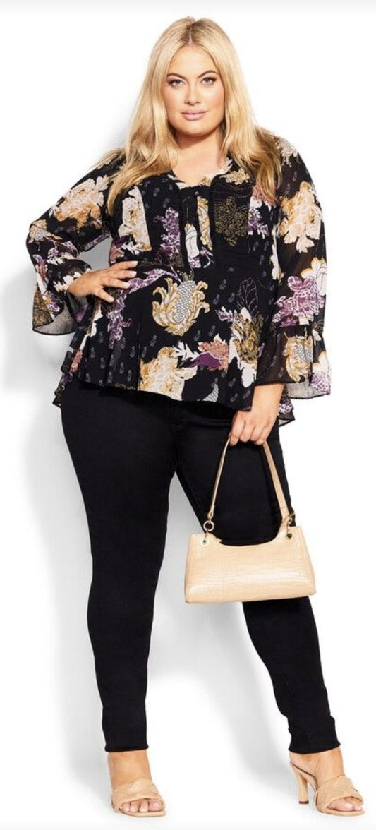 City Chic Small - Black Floral Sheer Hi-Lo Top With Sleeves - Brand New With Tags