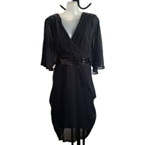 City Chic Small - Black Sequin Chiffon Faux Wrap Dress With Sleeves