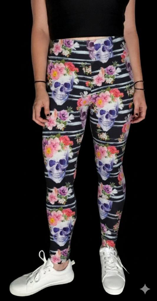 Deluxe - Striped Floral Skull - Full Length Leggings