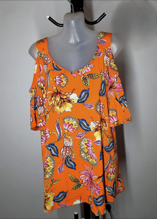 Size 16 - Orange Floral Cold Shoulder Top