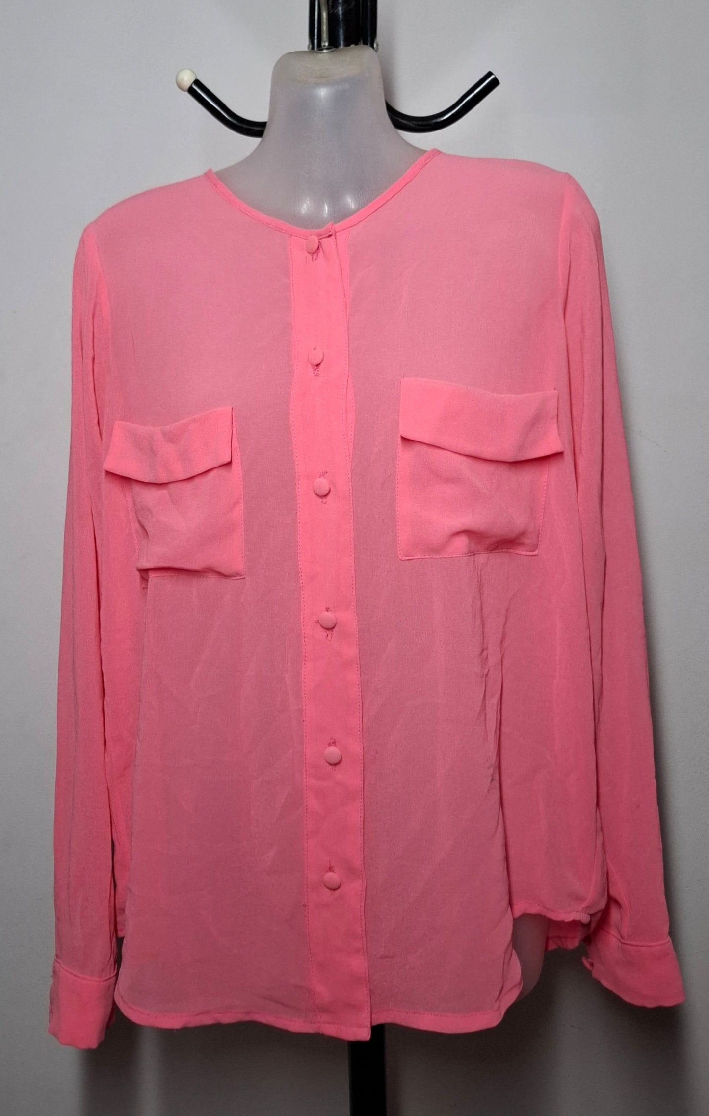 Size 10 - Hot Pink Sheer Chiffon Button Up Top With Pockets