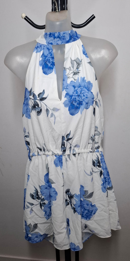 Size 12 - White & Blue Peekaboo Halter Playsuit
