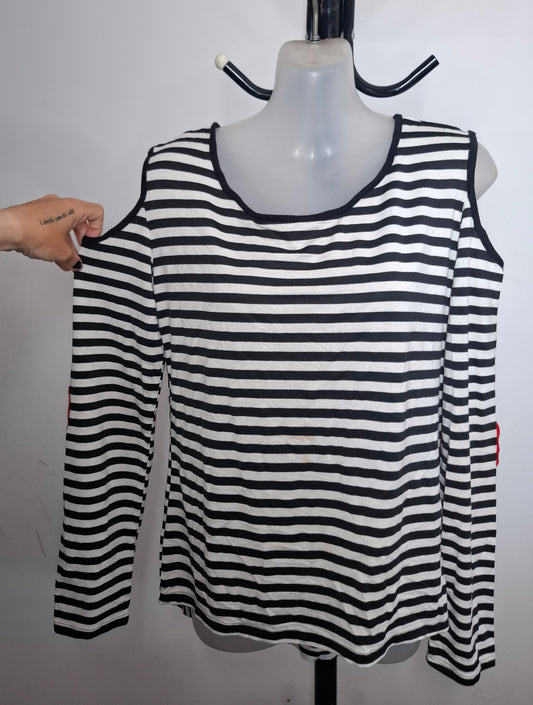 Size 12 - Black & White Striped Cold Shoulder Top With Hearts