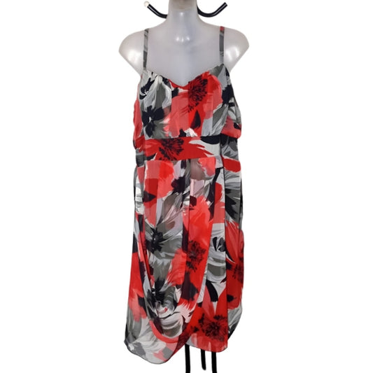 City Chic Medium - Red Black White Gray Floral Chiffon Overlay Dress