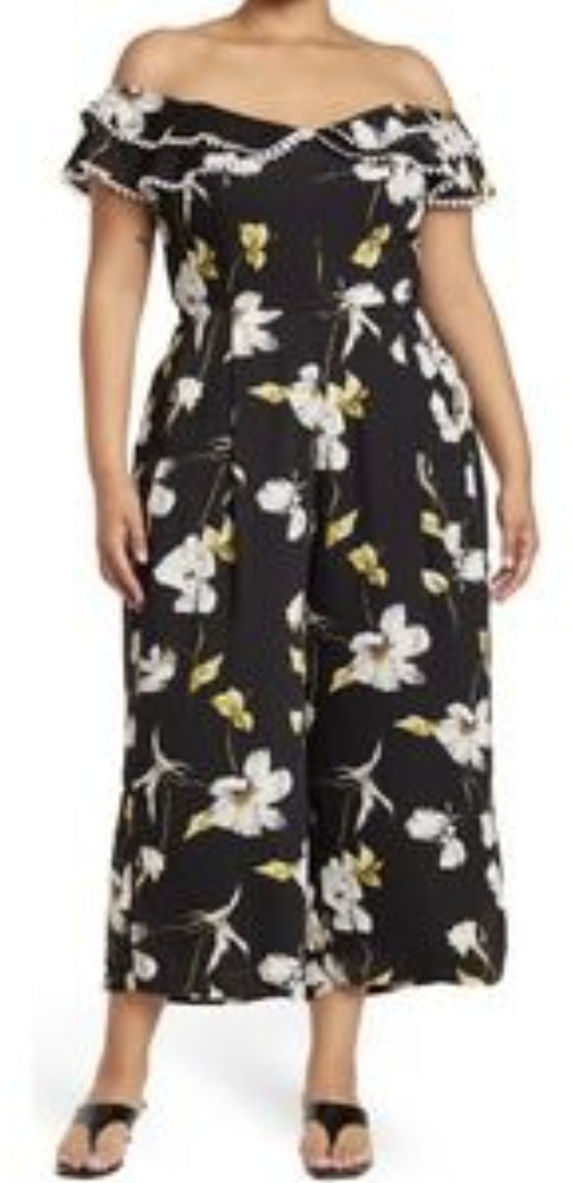 City Chic XS - Black Floral Off Shoulder Wide Leg Jumpsuit With Pockets