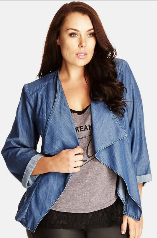 City Chic Large - Cotton 'Denim Look' Drapey Jacket With Functional Zip Pockets