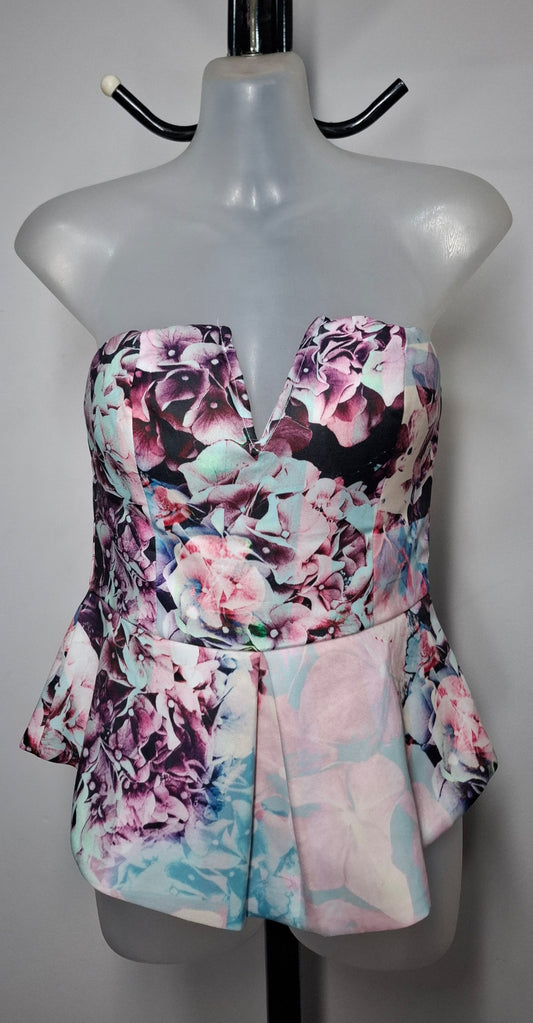 Size 10 - Floral Strapless Deep V Peplum Top