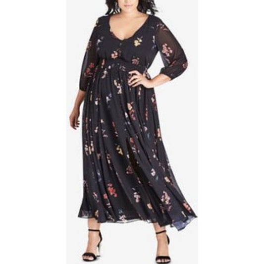 City Chic Medium - Black Floral Button Down Maxi Dress With Sleeves