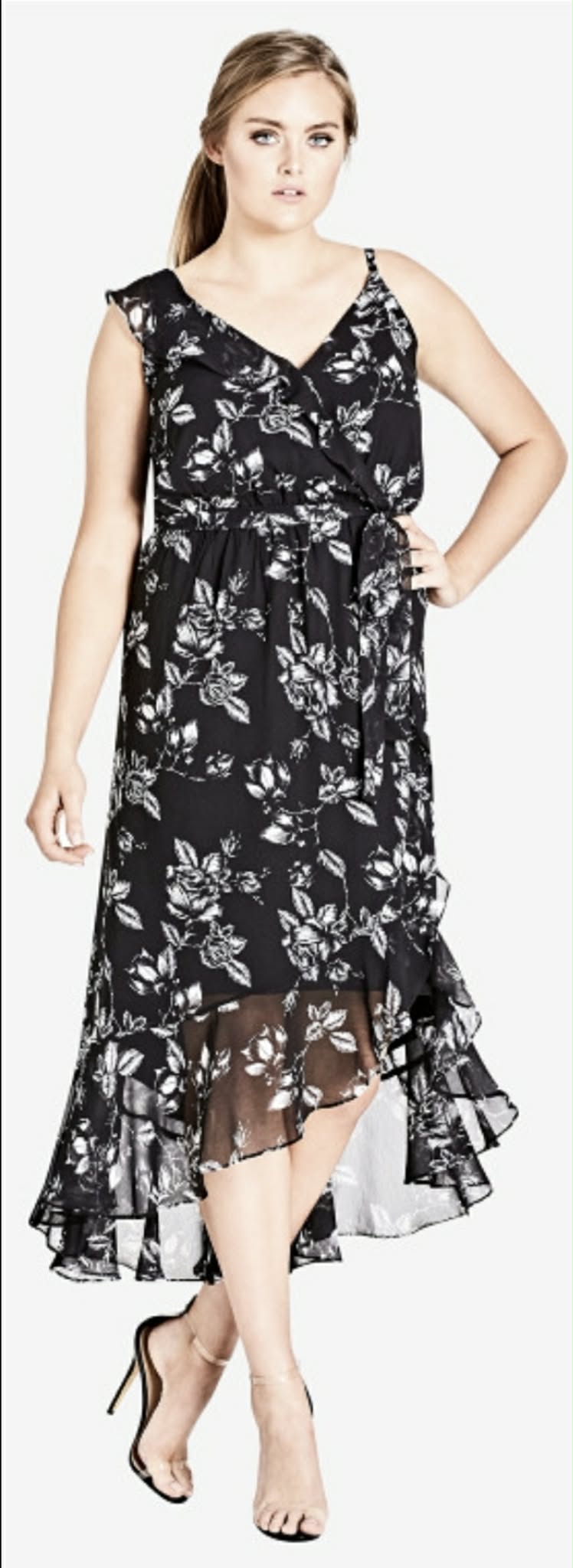City Chic Medium - BLACK Frill Faux Wrap Dress