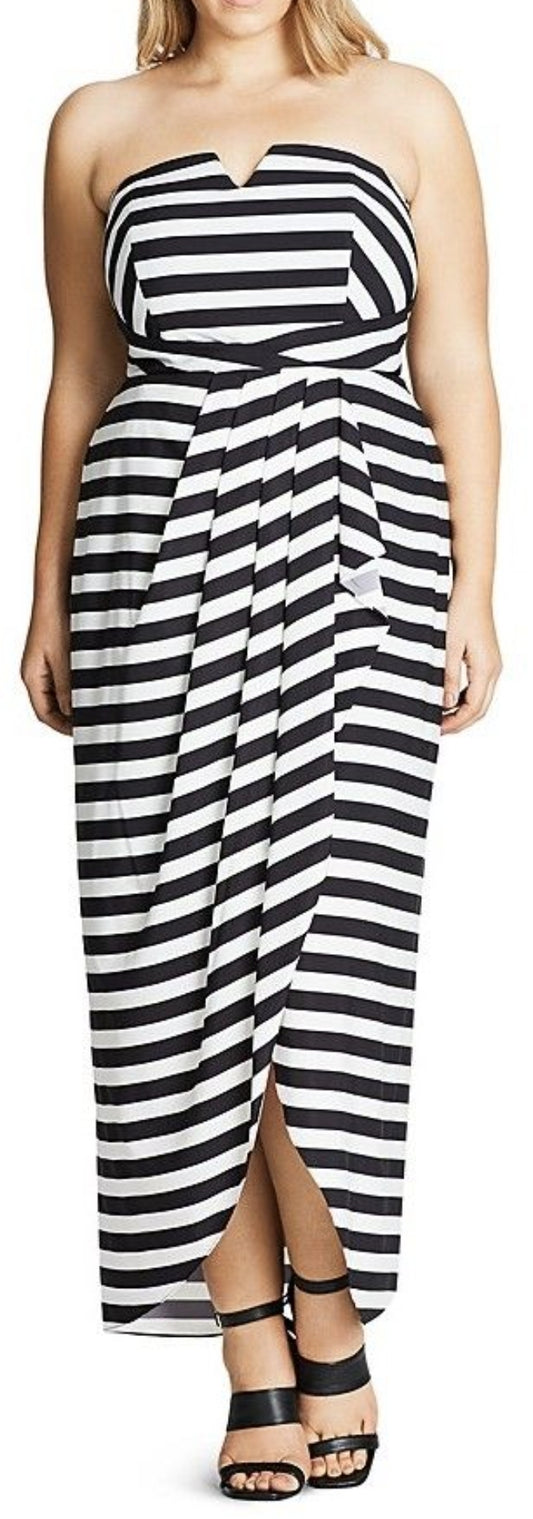 City Chic XS - Black & White Striped Deep V Strapless Maxi Dress