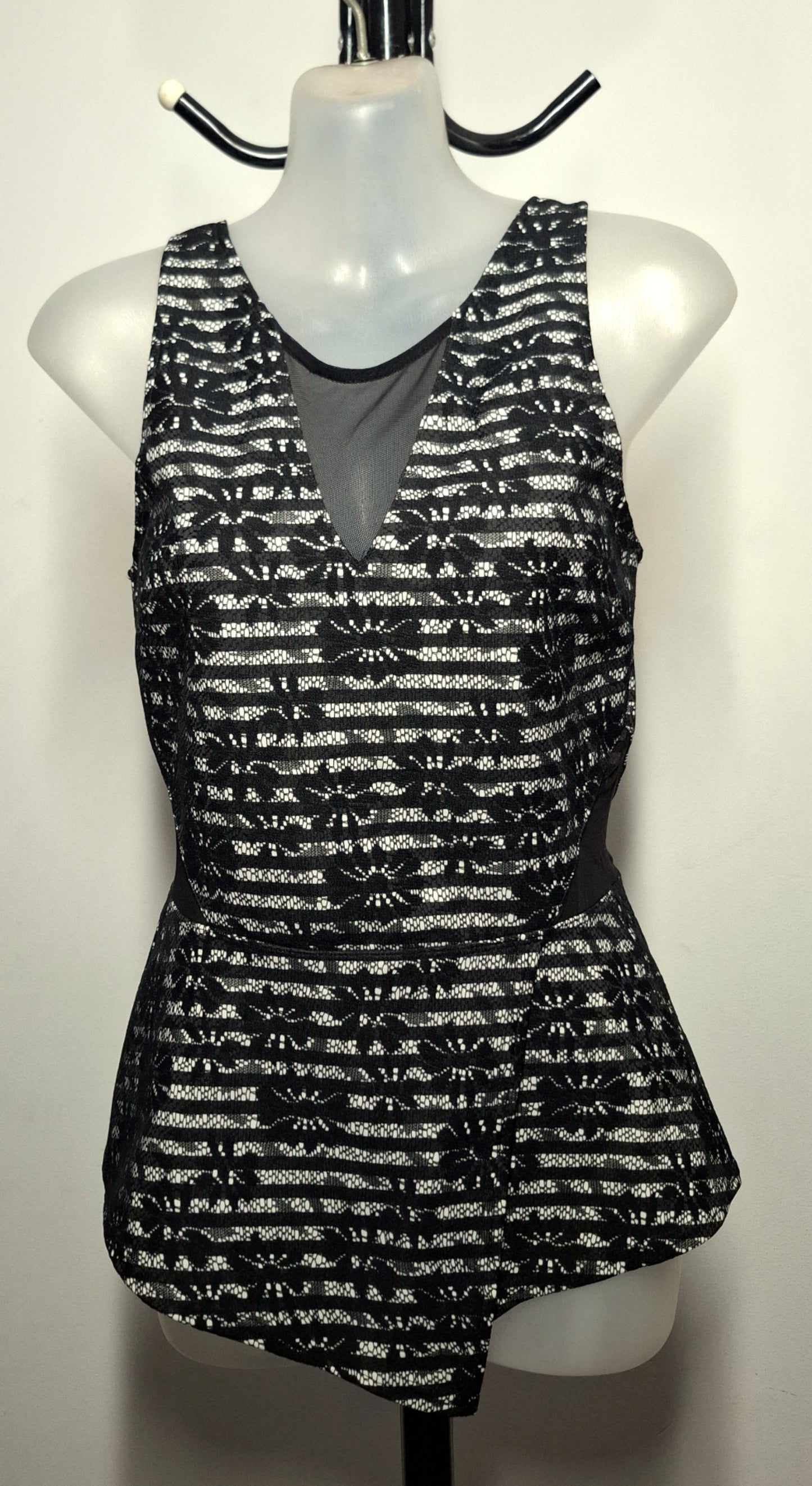 Size 10 - Black & White Lace Mesh Peplum Top