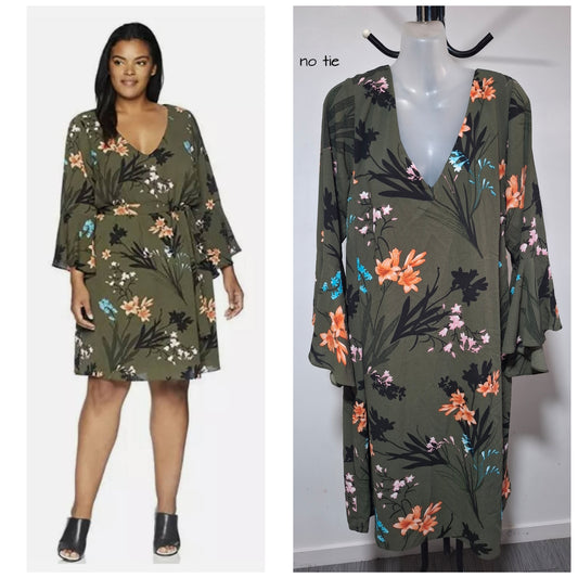 City Chic XS - Khaki Floral Dress With Bell Sleeves