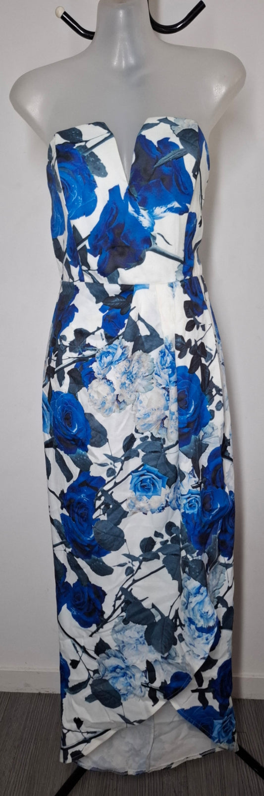Size 12 - White & Blue Rose Deep V Strapless Maxi Dress With Straps - Brand New With Tags