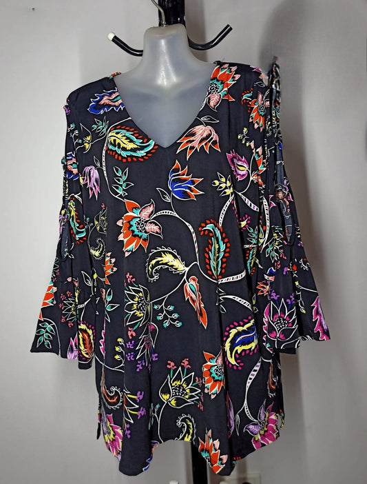 Size 16 - Black Floral Cold Shoulder Top