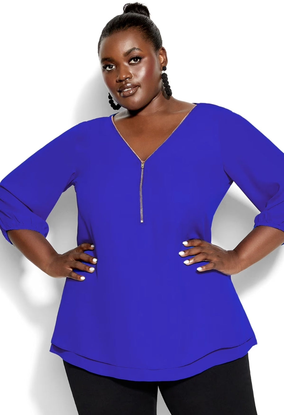 City Chic XL - Ultra Blue Sexy Zip Elbow Fling Top With Sleeves