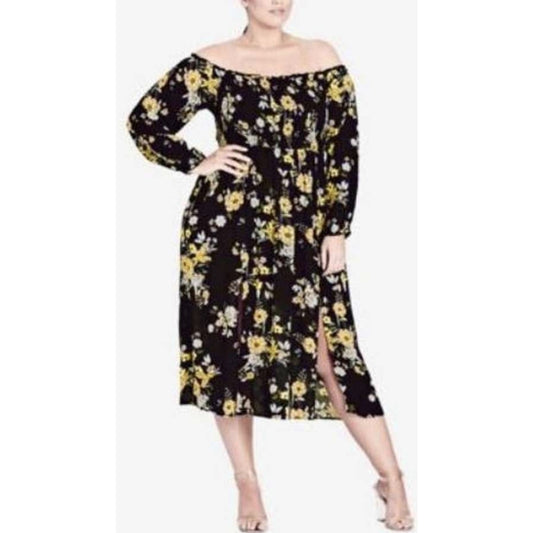 City Chic XS - Black Floral Shirred Elastic Off Shoulder Stretchy Dress With Sleeves And Front Splits