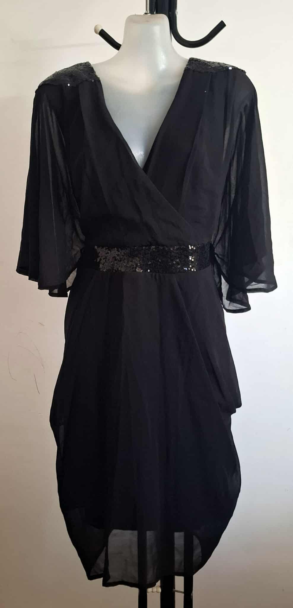 City Chic Small - Black Sequin Chiffon Faux Wrap Dress With Sleeves