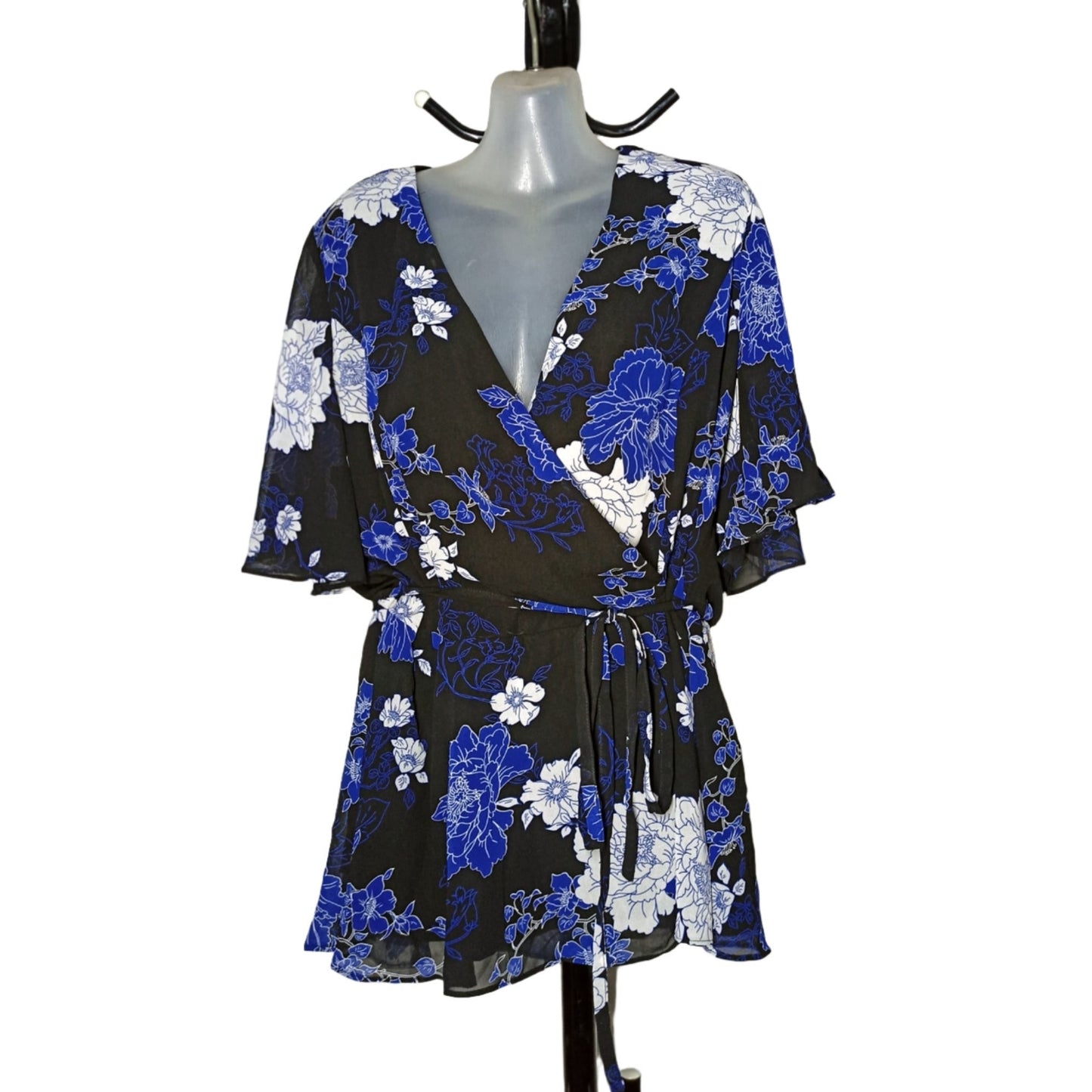 City Chic Medium - Blue Floral Chiffon Wrap Top