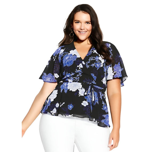 City Chic Medium - Blue Floral Chiffon Wrap Top