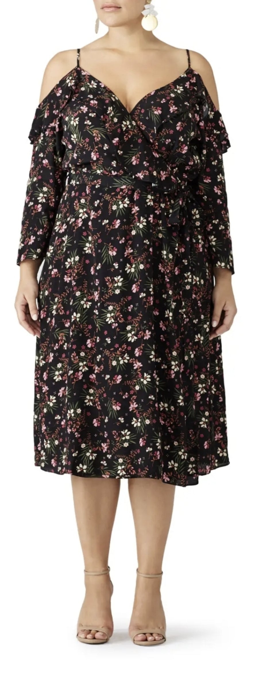 City Chic XS - Floral Frill Cold Shoulder Faux Wrap Dress With Sleeves