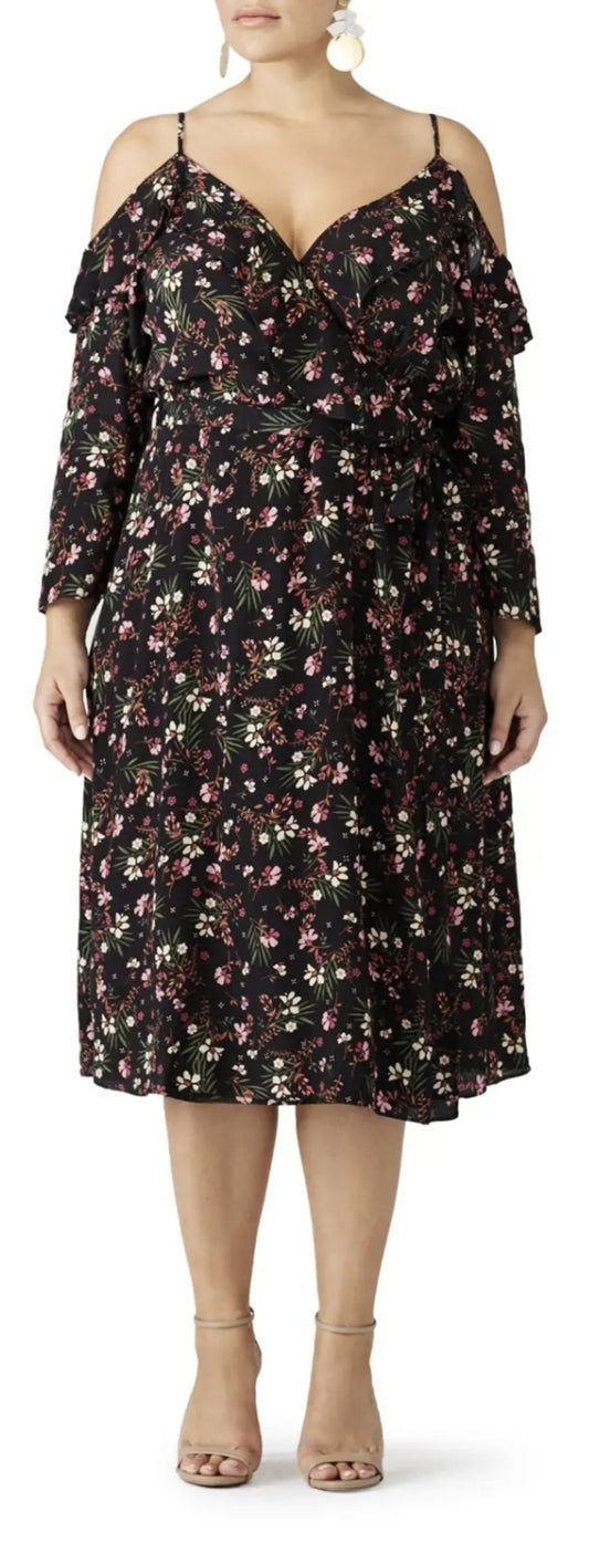 City Chic XS - Floral Frill Cold Shoulder Faux Wrap Dress With Sleeves