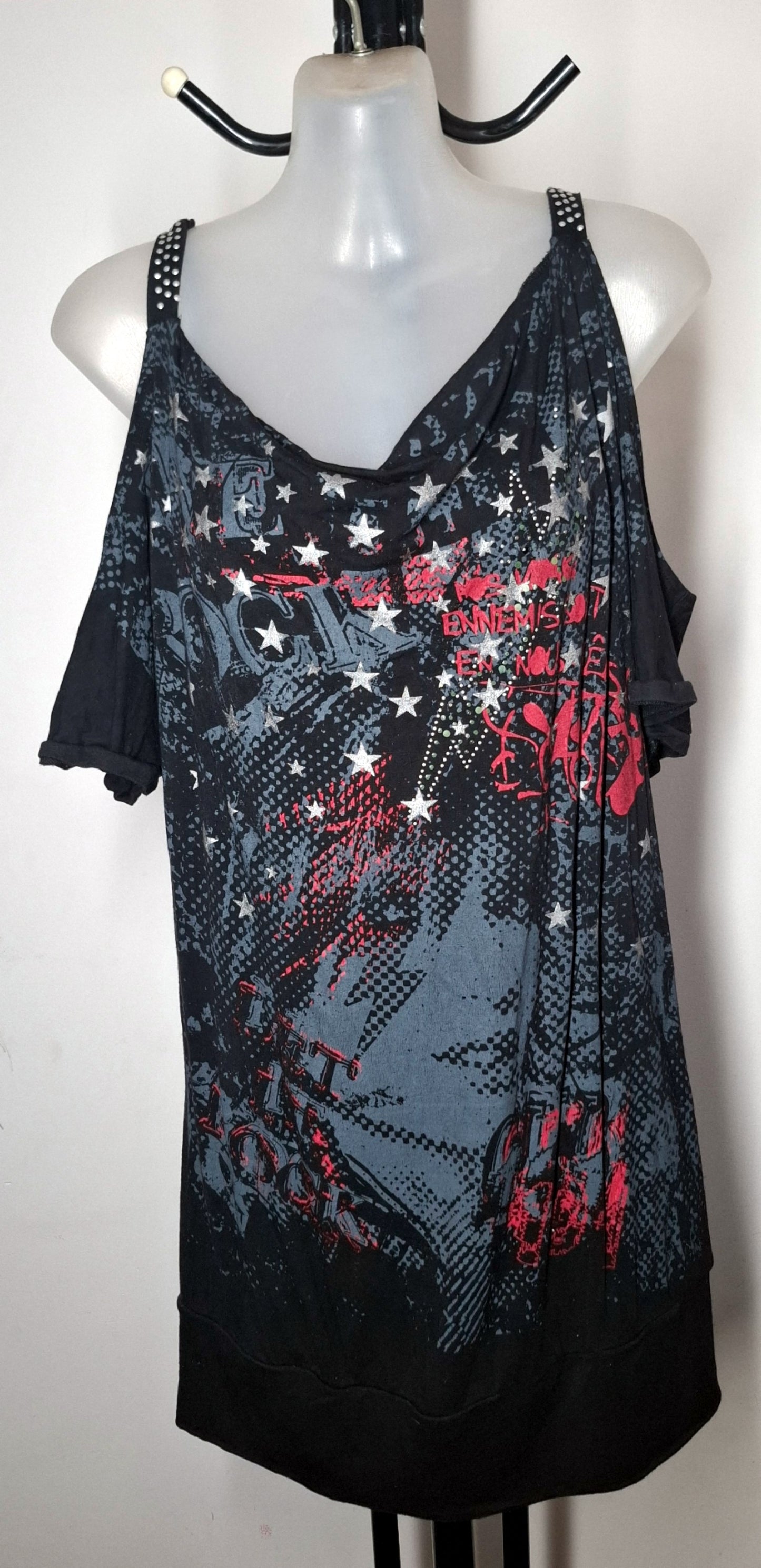 City Chic Small - Black Punk Rock Cold Shoulder Top