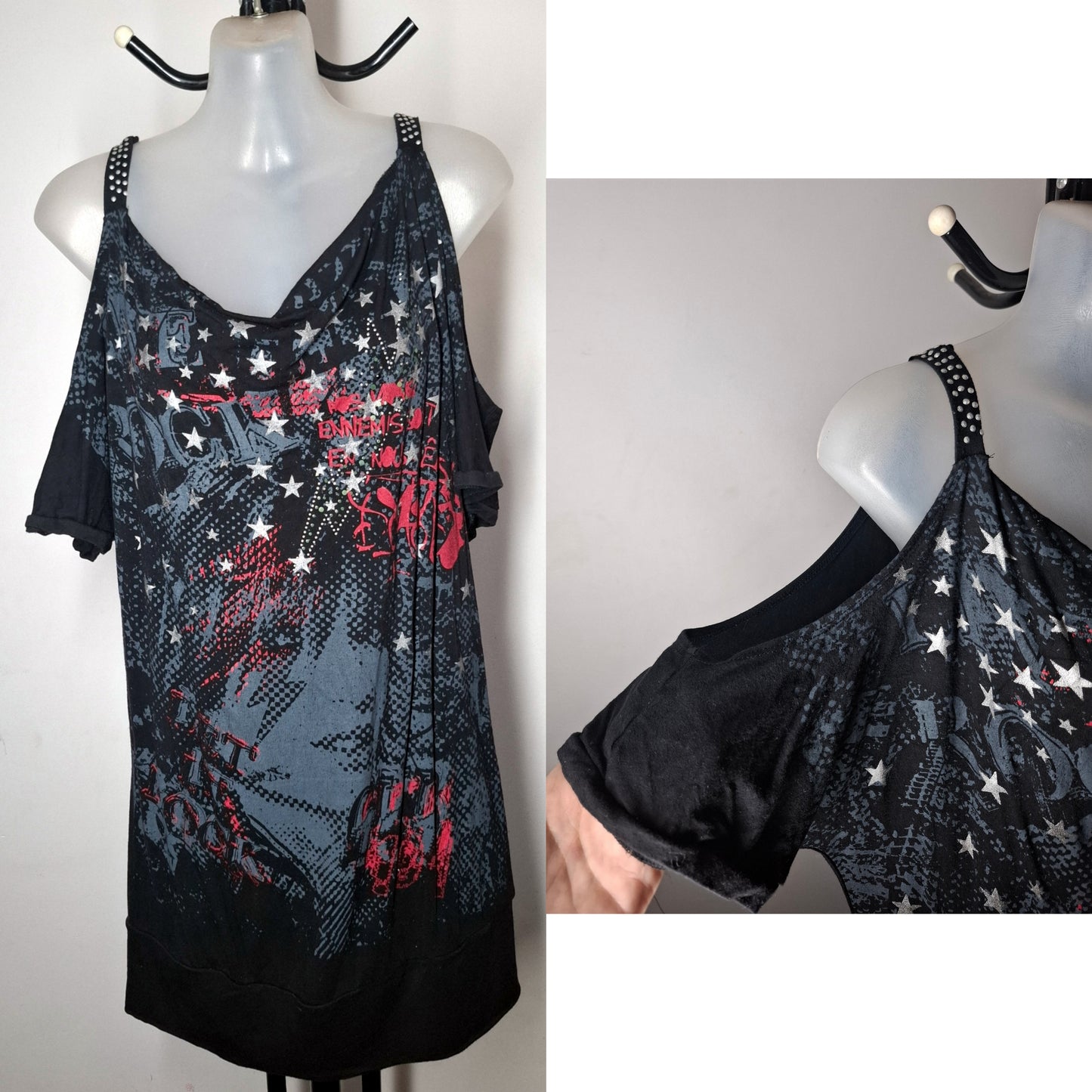City Chic Small - Black Punk Rock Cold Shoulder Top